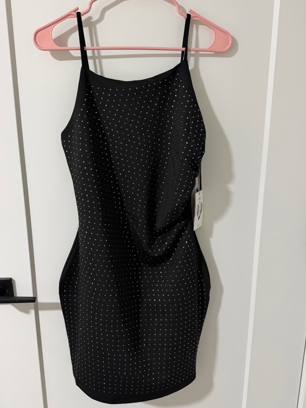 iris Black Spaghetti-Strap Mini Dress with Silver Studs